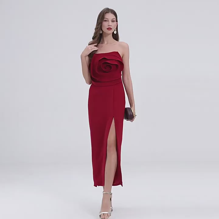 Strapless 3D Rose Maxi Dress – Red